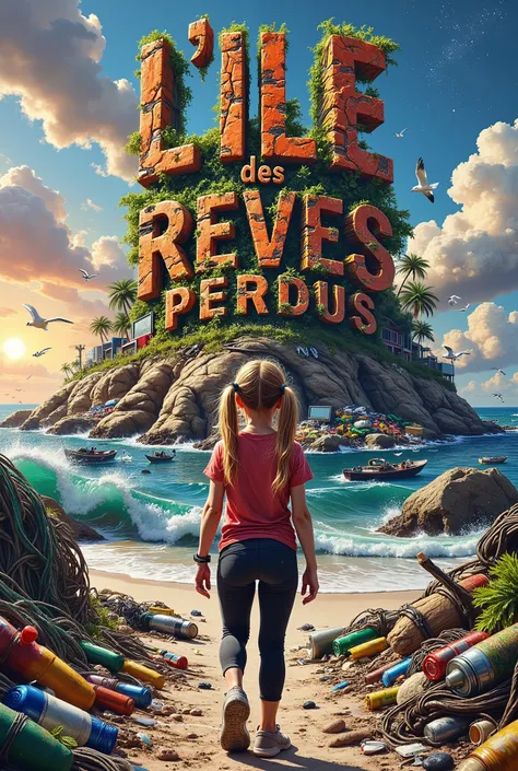 A whimsical, vibrant illustration featuring the title : “L'ILE des REVES PERDUS” made in recycled waste, garbage damaged letters in a grunge, gross, cartoon font, this title on top of a nasty polluted island hill of trash, a dirty ocean around filled with ...