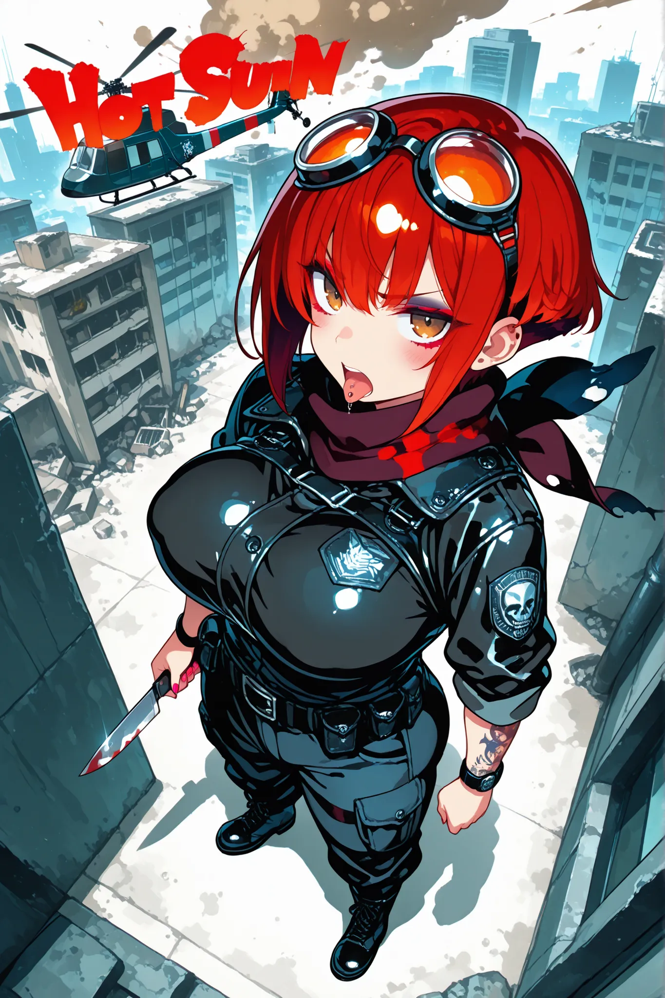 Anime-style manga artwork cover, movie poster, cinematic natural light, great contrast, dark moody atmosphere with intense vibes, 1girl, big natural breasts, rounded ass, dark red hair, pixie haircut, brown eyes, wearing a weathered leather jacket with mak...