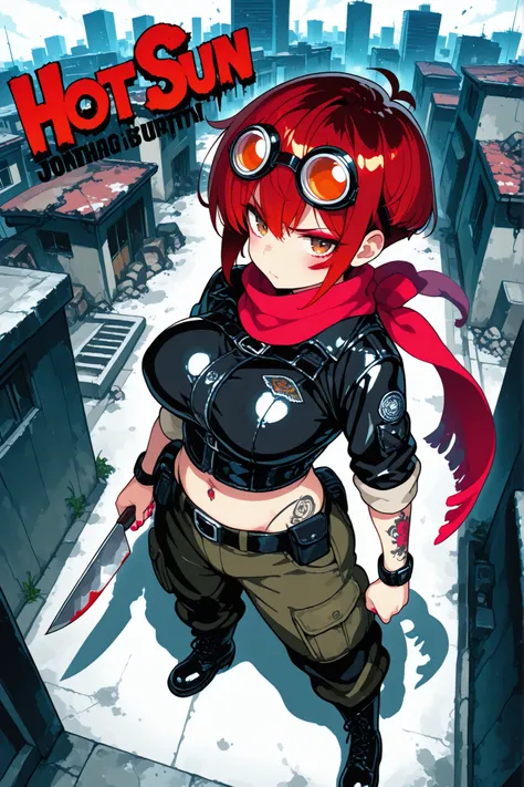 Anime-style manga artwork cover, movie poster, cinematic natural light, great contrast, dark moody atmosphere with intense vibes, 1girl, big natural breasts, rounded ass, dark red hair, pixie haircut, brown eyes, wearing a weathered leather jacket with mak...
