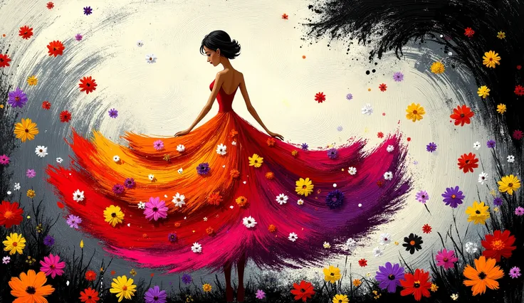 whimsycal art style, surreal fantasy, acrylic,   a slim and tall woman wearing, dancing, floral print skirt with vibrant layers in vibrant tones. The skirt is adorned with intricate floral designs and radiates out in a spiral pattern. A mulher  está dancin...