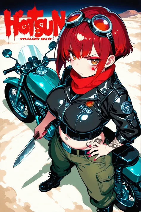 Anime-style manga artwork cover, movie poster, cinematic natural light, great contrast, dark moody atmosphere with intense vibes, 1girl, big natural breasts, rounded ass, dark red hair, pixie haircut, brown eyes, wearing a weathered leather jacket with mak...