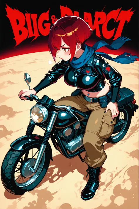 manga artwork cover, movie poster, cinematic natural light, dark moody atmosphere with intense vibes, 1girl, big natural breasts, dark red hair, pixie haircut, brown eyes, wearing a weathered leather jacket with makeshift armor plates, tactical vest with p...