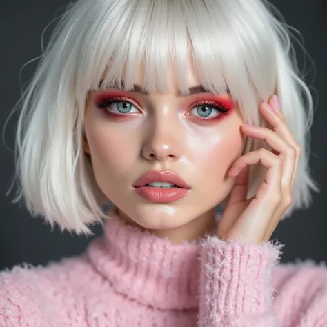 This is a very detailed , close-up of a young woman with fair skin. She has a short, bob-style haircut with strikingly white, Platinum Blonde, that gives her a modern, cheeky look . Her hair is straight and neatly trimmed, With bangs, framing her face. ...