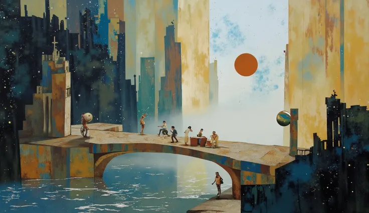 envision a bridge connecting parallel universes, with textures of shimmering silk, polished marble, and iridescent glass, blending abstract and real-world elements. The composition should appear dreamlike, symbolizing the fluidity and beauty of dreams. Use...