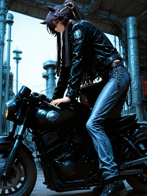 傑作、narita brian(uma musume), yabuki、高品質、8K、1人の女の子, Scout Bobber, Leather jacket, denim pants, wallet chain, ride motorcycle, factory background