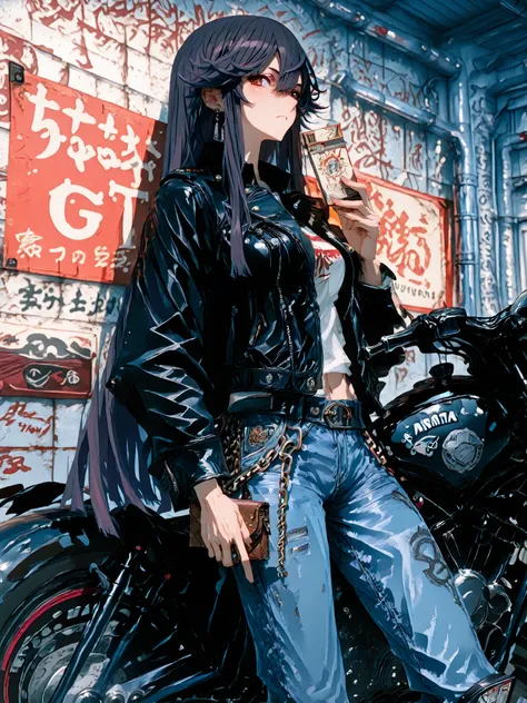 傑作、narita brian(uma musume), yabuki、高品質、8K、1人の女の子, Scout Bobber, Leather jacket, denim pants, wallet chain, ride motorcycle, factory background