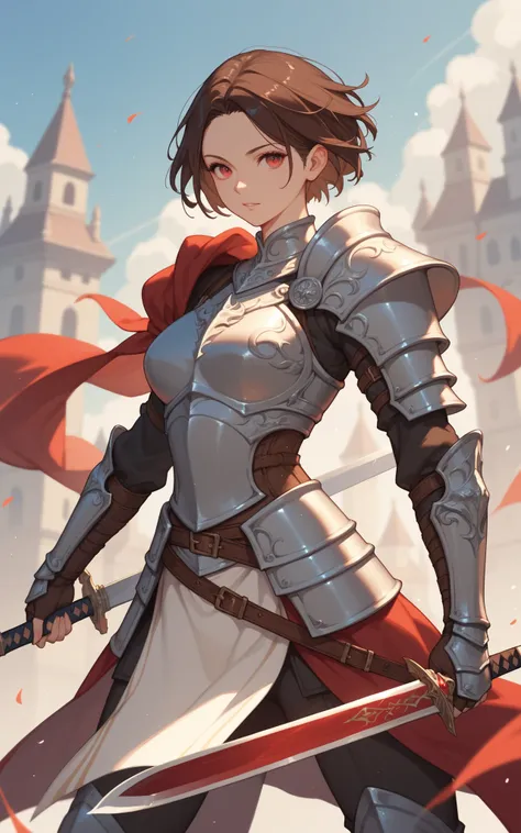 female, princess, dark brown hair, red eyes, very short hair, parted bangs, sword, armor, fantasy