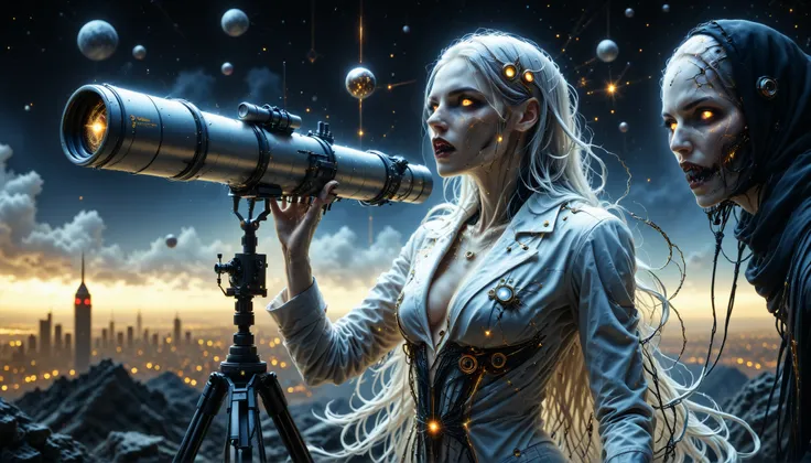 cybernetic corruption, seductive cybernatic vampire, Skyline Observatory: Vampire astronomer with long silver hair, gold ocular implants, in a white lab coat woven with neon threads. She peers through a telescope at a binary star system.
