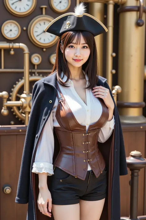 firm and big breasts, cleavage, medium-framed portrait shot from head to mid-thigh of a realistic adult woman with her head and shoulders fully visible, standing on the deck of a large vintage airship with an exposed brass bulkhead behind featuring giant s...