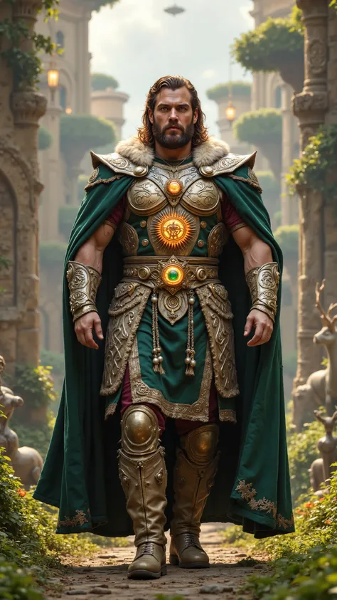 Henry Cavill reimagined as a majestic Celtic god Dagda, walking and holding a colossal golden war mace adorned with glowing Celtic runes and spirals, 1 male, full body, strong square jawline, deep-set green eyes, long wavy chestnut hair with golden streaks...