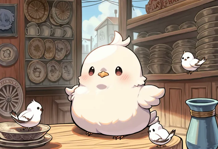 Masterpiece,Best quality, ultra detailed,Japanese Anime style, (pure white sparrow mascot) , round body, fluffy body,simple face, cute appearance, , (at the Flea market venue,, a bustling flea market,, a white sparrow sitting between antique plates and te...