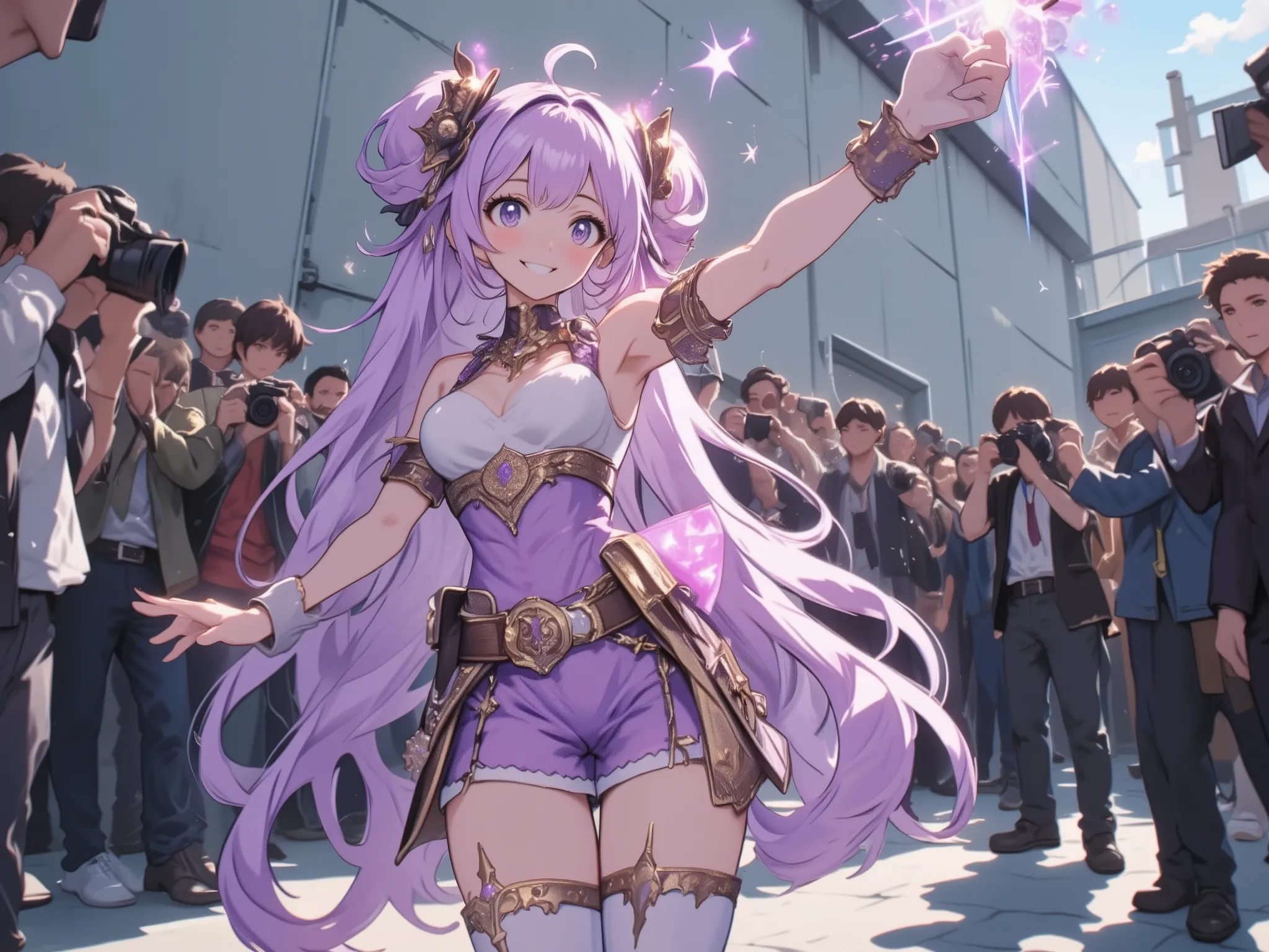 (masterpiece, Highest Quality, fully completed、perfect hand in h、Completed、:1.4),wide shot, 1girl and many man, The cosplay of a magical girl holding one toy magic stick、very beautiful face、smile、Breasts about the size of a head、cool pose、Stand with your b...