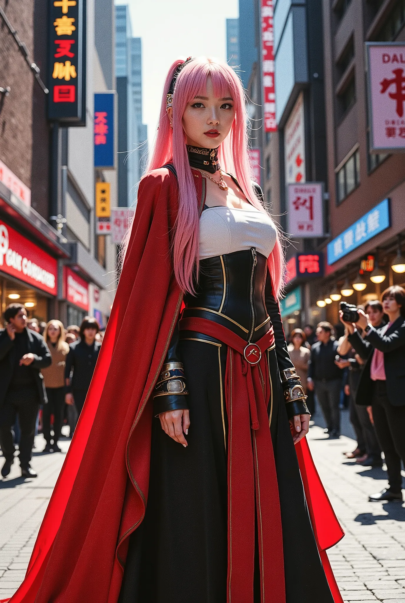 (( Highest Quality 、In 8K、masterpiece:1.3)) Cosplayer photo session、anime character cosplay costume surrounded by lots of camera boys、Layer Outfits、Shooting on the street、Surrounded by lots of camera boys