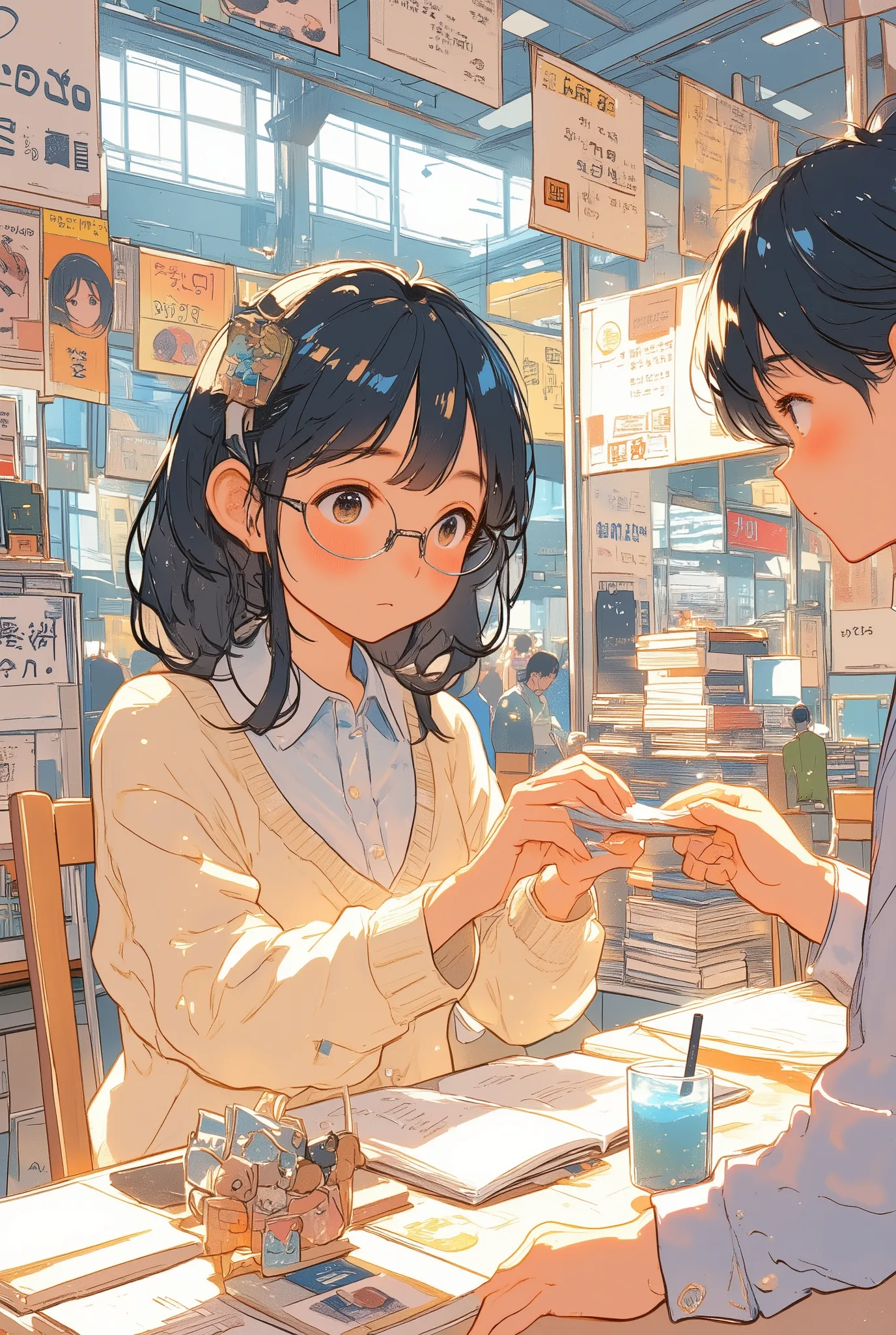 mid-shot view,
a shy young doujinshi artist sitting behind a small booth at a comic convention,
she wears a soft pastel-colored cardigan over a collared blouse, with glasses slightly slipping down her nose,
her cheeks are slightly flushed as she inte...