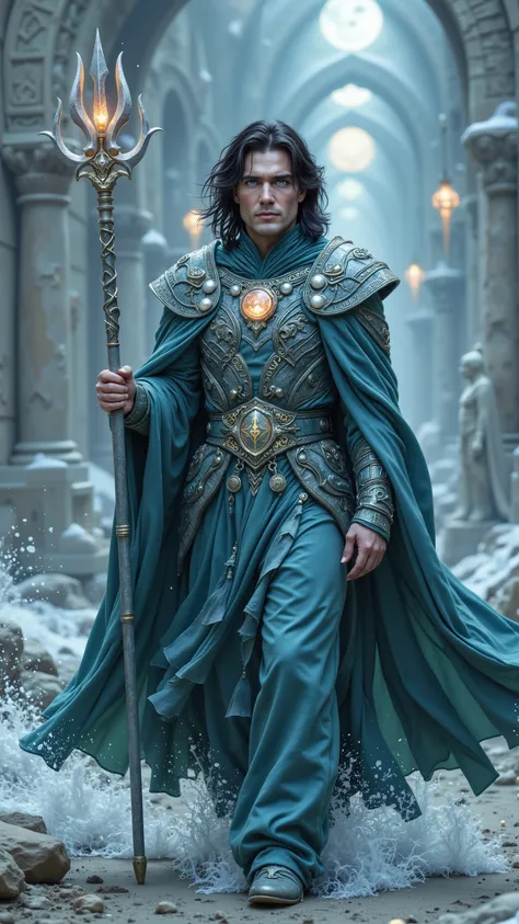 Cillian Murphy reimagined as a majestic Celtic god Manannán, walking and holding a long divine silver trident entwined with spectral seaweed, glowing pearls, and bioluminescent shells, 1 male, full body, pale skin with a faint bluish undertone, piercing se...