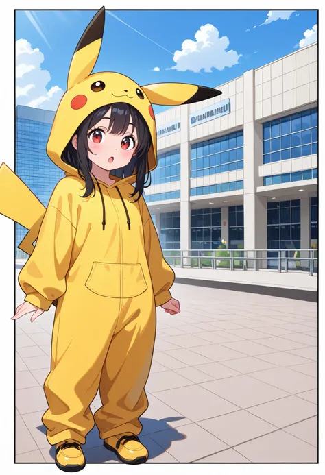 1girl, girl cosplaying as pikachu, kigurumi, girl pikachu, pikachu \(cosplay\), standing and posing, outdoors, san diego convention center, comic convention, extremely detailed, general, masterpiece, best quality, amazing quality, very aesthetic, absurdres...