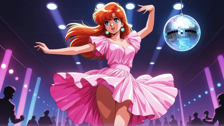 woman futuristic dancing, and in the background people discotheque Disco ball held by rod on ceiling is spinning and colorful light spots shine beautifully around with flashing colored lights in starship dark retro 80s