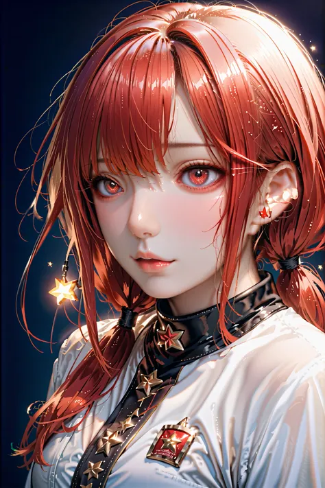 1 girl, Star Eye, , perfect lighting, red hair, Red Eyes, Unreal Engine, side lights, detailed face, bungs,  bright skin, simple background, dark background, 