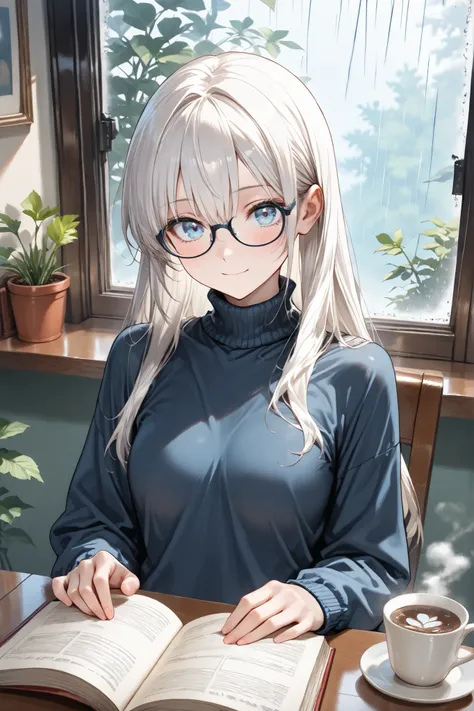 ((Masterpiece)),((best quality)),((incredibly absurdres)),((8K)),semi real,BREAK,
1 girl,solo,younger,kawaii,white hair,long hair,straight hair,blue eyes,small breasts,baby face,big eyes,BREAK,
(black eyewear),navy blue turtleneck sweater,loose shirt,black...