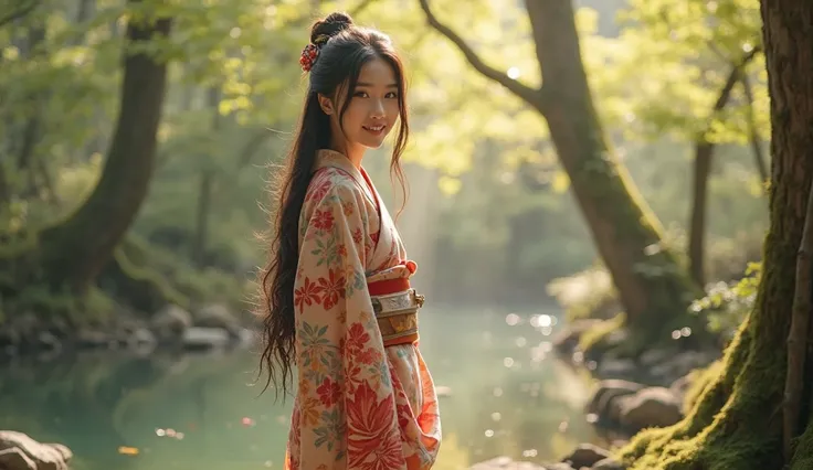 A real, slender, 18-year-old Oriental Japanese girl standing near a hot spring inside a spring forest. She is wearing a thick lambswool traditional Wafuku (kimono), smiling warmly with a humanity smile. She has delicate facial features, black eyes, soft nose, slim fingers, visible slender legs, thin waist, small chest, gentle hips. Her lush, beyond-floor-length black hair flows slightly in a soft breeze.

Her entire slim body must be fully visible: face, hair, hands, chest, waist, hips, legs, feet, shoes, with natural body curve and streamlined posture.

The background is a vibrant spring forest with soft sunlight filtering through fresh leaves, ambient warm light, slightly misty and dreamlike atmosphere.

Extremely detailed hair strands, soft lambswool texture with visible fibers, delicate face shading, natural skin texture.

Focus on the girl, background slightly blurred. The entire scene should convey warmth, purity, gentleness, and a pure soul energy.