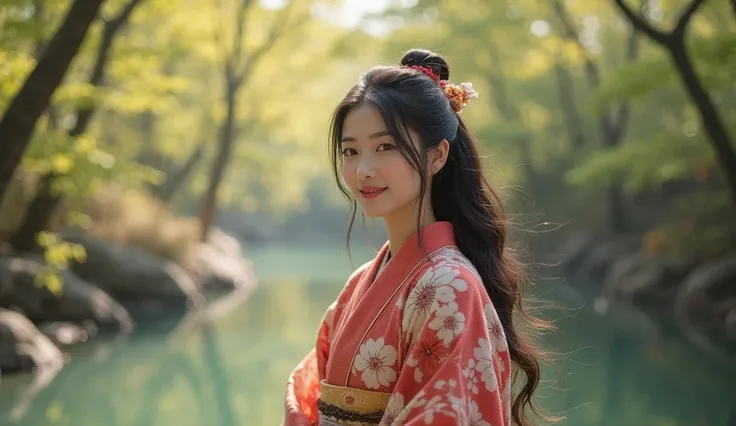 A real, slender, 18-year-old Oriental Japanese girl standing near a hot spring inside a spring forest. She is wearing a thick lambswool traditional Wafuku (kimono), smiling warmly with a humanity smile. She has delicate facial features, black eyes, soft nose, slim fingers, visible slender legs, thin waist, small chest, gentle hips. Her lush, beyond-floor-length black hair flows slightly in a soft breeze.

Her entire slim body must be fully visible: face, hair, hands, chest, waist, hips, legs, feet, shoes, with natural body curve and streamlined posture.

The background is a vibrant spring forest with soft sunlight filtering through fresh leaves, ambient warm light, slightly misty and dreamlike atmosphere.

Extremely detailed hair strands, soft lambswool texture with visible fibers, delicate face shading, natural skin texture.

Focus on the girl, background slightly blurred. The entire scene should convey warmth, purity, gentleness, and a pure soul energy.