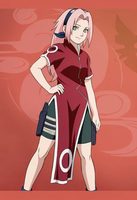 masterpiece, best quality, 1girl,haruno sakura, pink hair, long hair, green eyes, black short , short sleeves, full body, looking at viewer, sketch, smile, solo,Sakura wears a red qipao dress — at various times either with or without short sleeves — with s...