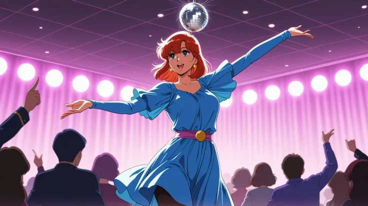 woman dancing, and in the background people discotheque Disco ball held by rod on ceiling is spinning and colorful light spots shine beautifully around with flashing colored lights in starship dark 80s