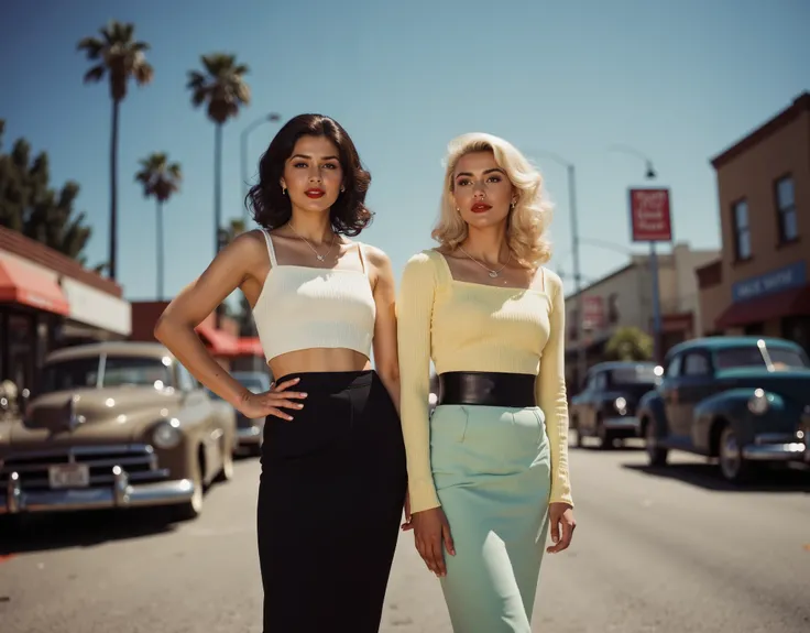A vibrant 1950s-style color photograph featuring two glamorous women posing confidently on a sunlit urban street in California. Both women have hourglass figures and wear vintage, form-fitting outfits: the woman on the left has wavy brunette shoulder-lengt...