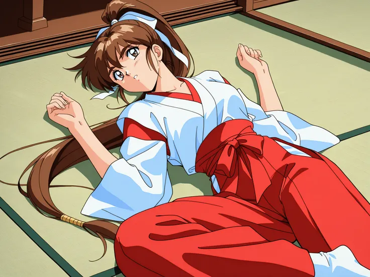 1girl,solo,masterpiece,general,highres, ultra-detailed,very aesthetic,best quality,best hands,easynegative,perfect anatomy,BREAK,Amatsu_Ai, brown hair, ponytail, very long hair,bangs, high ponytail, 1990s \(style\),anime coloring,kawaii,BREAK,miko,shrine m...