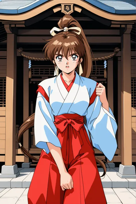 1girl,solo,masterpiece,general,highres, ultra-detailed,very aesthetic,best quality,best hands,easynegative,perfect anatomy,BREAK,Amatsu_Ai, brown hair, ponytail, very long hair,bangs, high ponytail, 1990s \(style\),anime coloring,kawaii,BREAK,miko,shrine m...