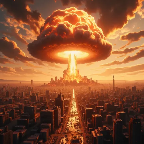 Satellite image. A huge explosion engulfing an entire city, devastating homes and streets. A large mushroom-shaped cloud of smoke rises over the city... complex clothing textures, warm lighting, photorealistic, cinematic composition, vibrant colors, depth ...