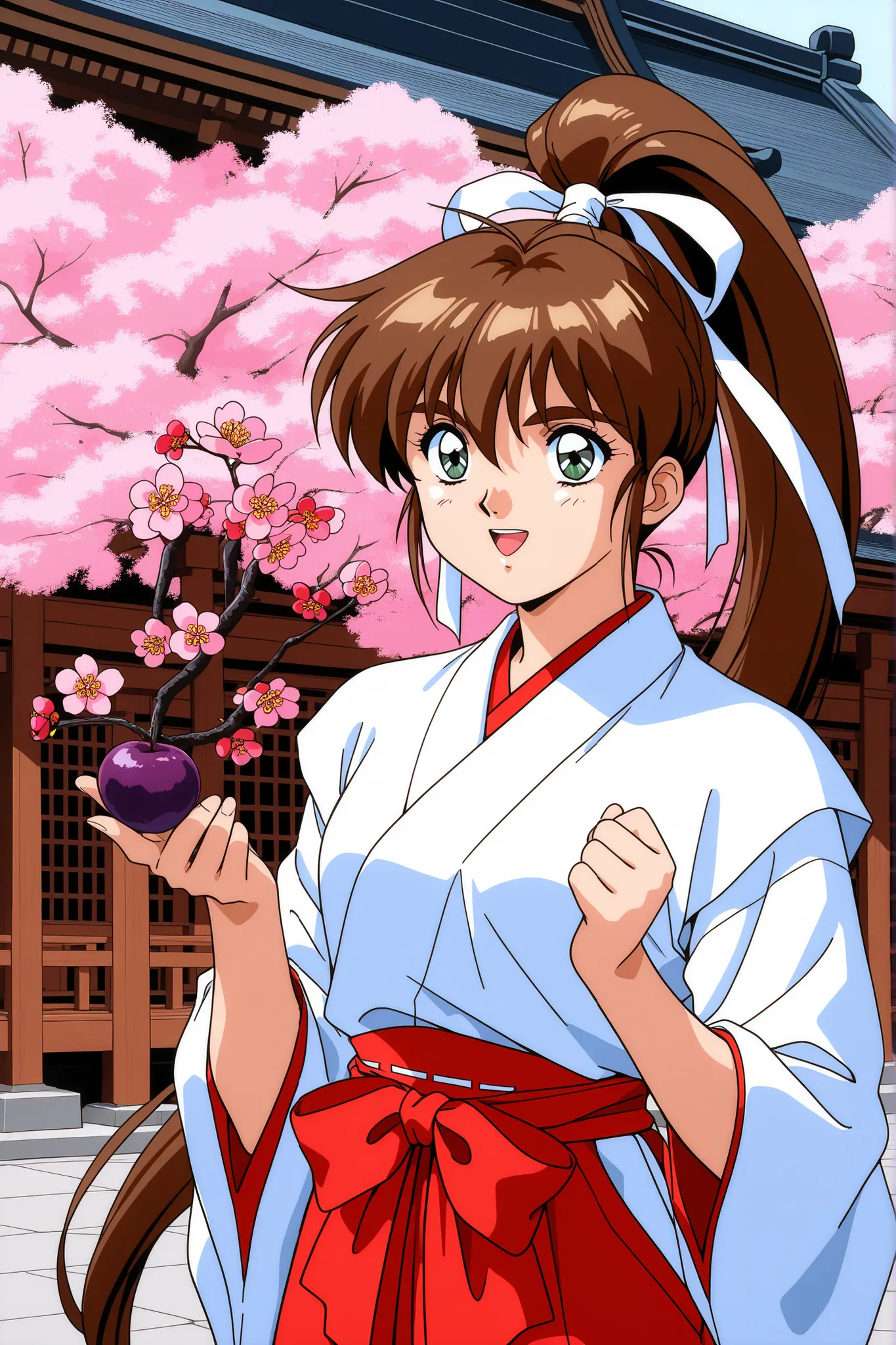 1girl,solo,masterpiece,general,highres, ultra-detailed,very aesthetic,best quality,best hands,easynegative,perfect anatomy,BREAK,Amatsu_Ai, brown hair, ponytail, very long hair,bangs, high ponytail, 1990s \(style\),anime coloring,kawaii,BREAK,miko,shrine m...
