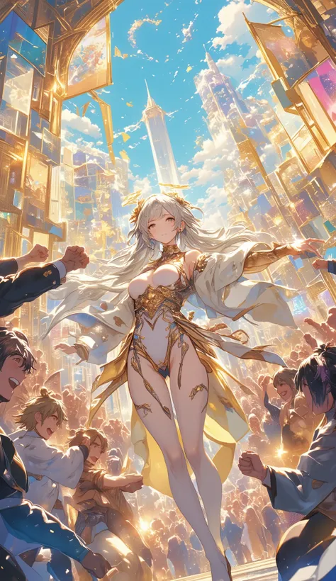 celestial comic convention attended only by majestic divine beings, inspired by Genshin Impact and Yoshitaka Amano fantasy style, grand heavenly hall with floating islands, glowing magical lights, walls and banners filled with vivid posters of Genshin Impa...