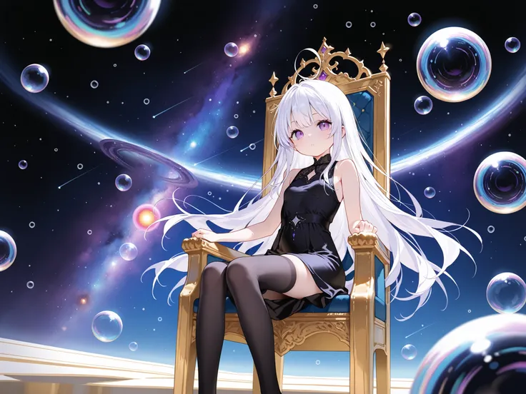 1 girl only, young girl , of white hair, purple eyes, (with long black stockings, sleeveless black fitted dress) sexy pose, sitting on a throne, (surrounded by bubbles with galaxies inside) Floating around her