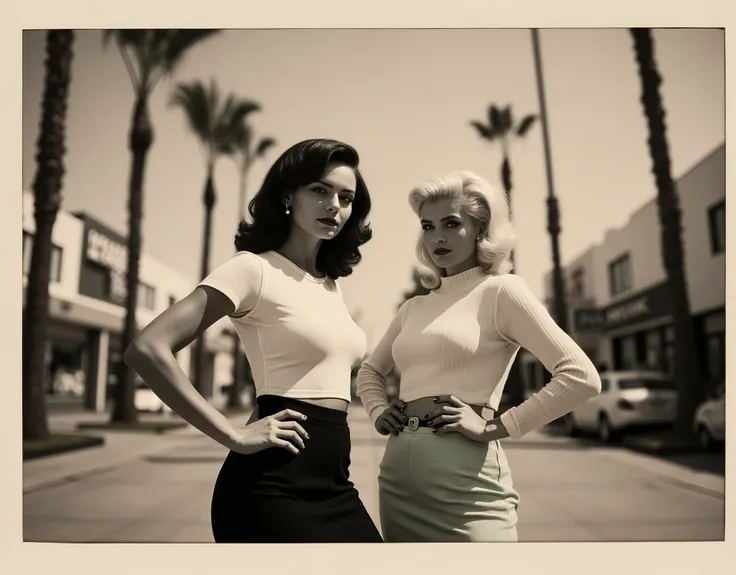 A nostalgic Polaroid-style photo from the 1950s capturing two glamorous women posing confidently on a sun-drenched California street. The image has a soft, slightly faded look with subtle film grain, rounded corners, and the signature white Polaroid frame....
