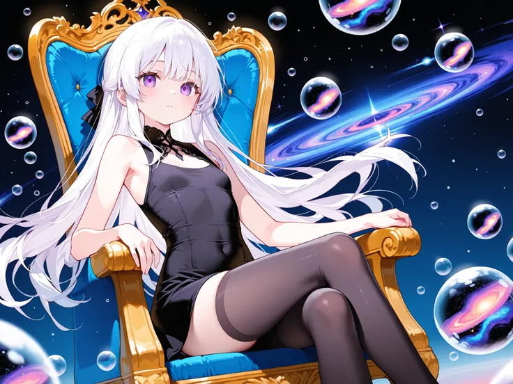 1 girl only, young girl , of white hair, purple eyes, (with long black stockings, sleeveless black fitted dress) sexy pose, sitting on a throne, (surrounded by bubbles with galaxies inside) Floating around her