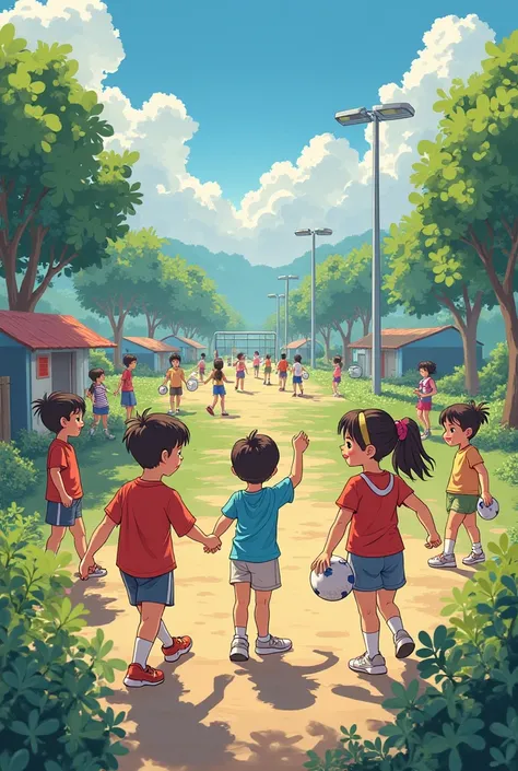 Un groupe de jeunes ados et enfants pratiquant la musique et le sport ensemble. J'imagine plusieurs lieux pour pratiquer des sports 
