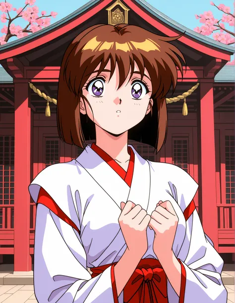 1girl,solo,masterpiece,general,highres, ultra-detailed,very aesthetic,best quality,best hands,easynegative,perfect anatomy,BREAK,Amatsu_Mai, 1girl,solo, brown hair, short hair, breasts, purple eyes, bob cut, bangs,1990s \(style\),anime coloring,kawaii,BREA...
