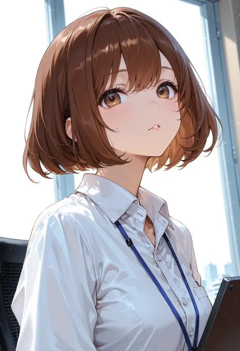 brown medium short hair、、white collared shirt、Mahogany brown、、angle from below、office、