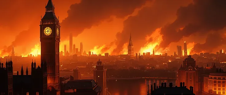 Fire City of London on fire, satellite view, with Big Ben in the foreground. complex clothing textures, Fire, warm lighting, photorealistic, cinematic composition, vibrant colors, depth of field (best quality, 8k, high resolution, masterpiece: 1.2), ultra ...