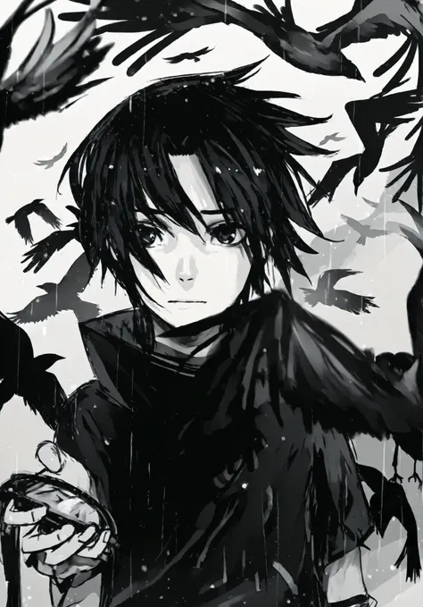  Anime Boy with black hair and black cape holding a crow, inspired by Yamagata Hiro,  Anime Boy, epic anime style, male anime style, inspired by Okumura Masanobu, kirito, Eren Yeager, Sasuke Uchiha, okata kazuto, young anime man,  illustration by Shigenori...