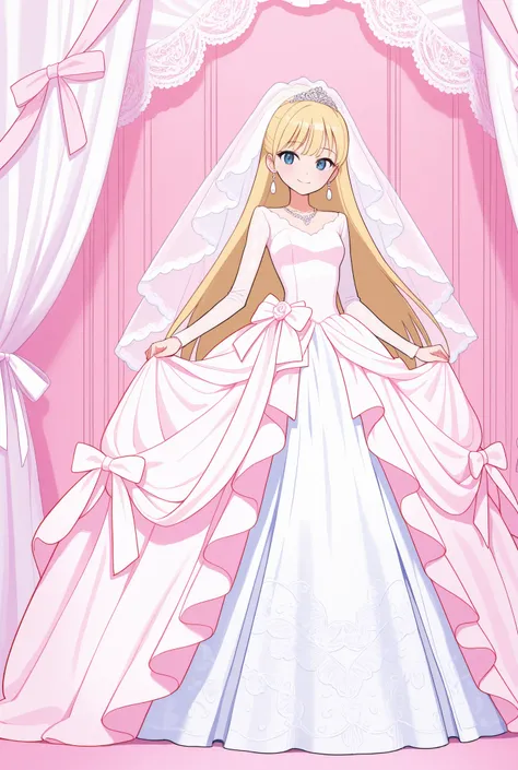 a girl, skinny, blonde hair, long hair, straight hair, princess line  wedding dress, long sleeves, long train, very long bridal veil, earrings, necklace, pastel colors, full body shot, flushed, smile, pink room, many white lace curtains, ribbon decoration ...