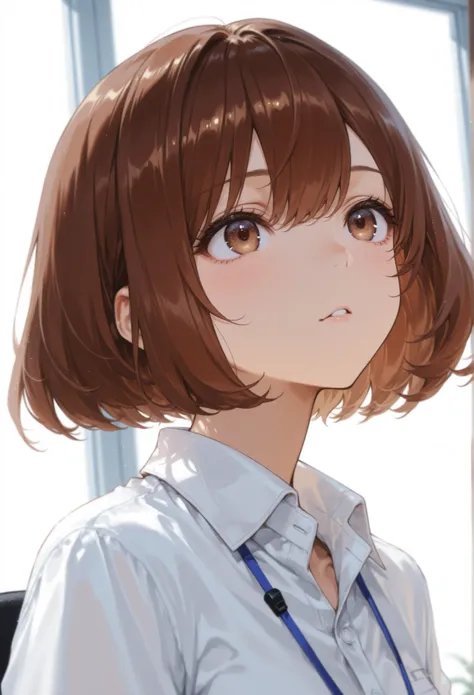 brown medium short hair、、white collared shirt、Mahogany brown、、angle from below、office、、upward gaze