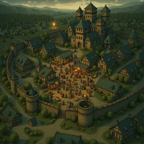 Medieval village scene captured from a high vantage point, showcasing a bustling, lively market within fortified stone walls. The central focus is a magnificent castle with towering turrets surrounded by quaint houses, all with earthy stone walls and blue-...