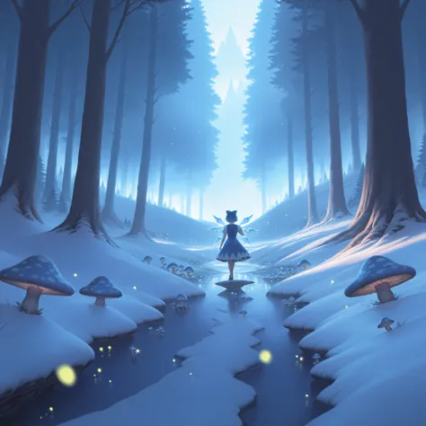 Cirno, Touhou Project, high quality, intricate details, 8K, hyperrealistic, masterpiece, extremely detailed, soft lighting, foggy atmosphere, fantasy landscape, dense forest, flowing river, snow-capped mountains, magical crystals, whimsical mushrooms, glow...
