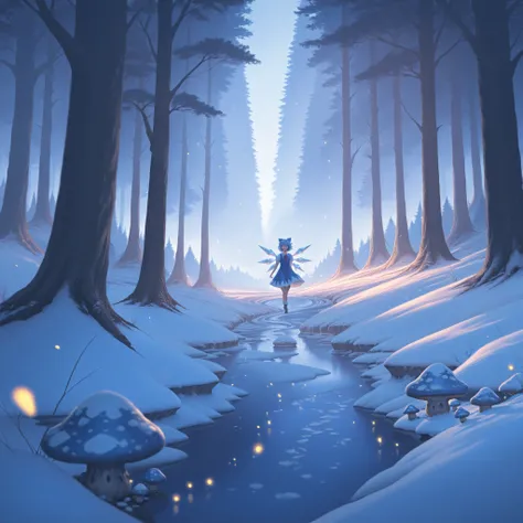 Cirno, Touhou Project, high quality, intricate details, 8K, hyperrealistic, masterpiece, extremely detailed, soft lighting, foggy atmosphere, fantasy landscape, dense forest, flowing river, snow-capped mountains, magical crystals, whimsical mushrooms, glow...