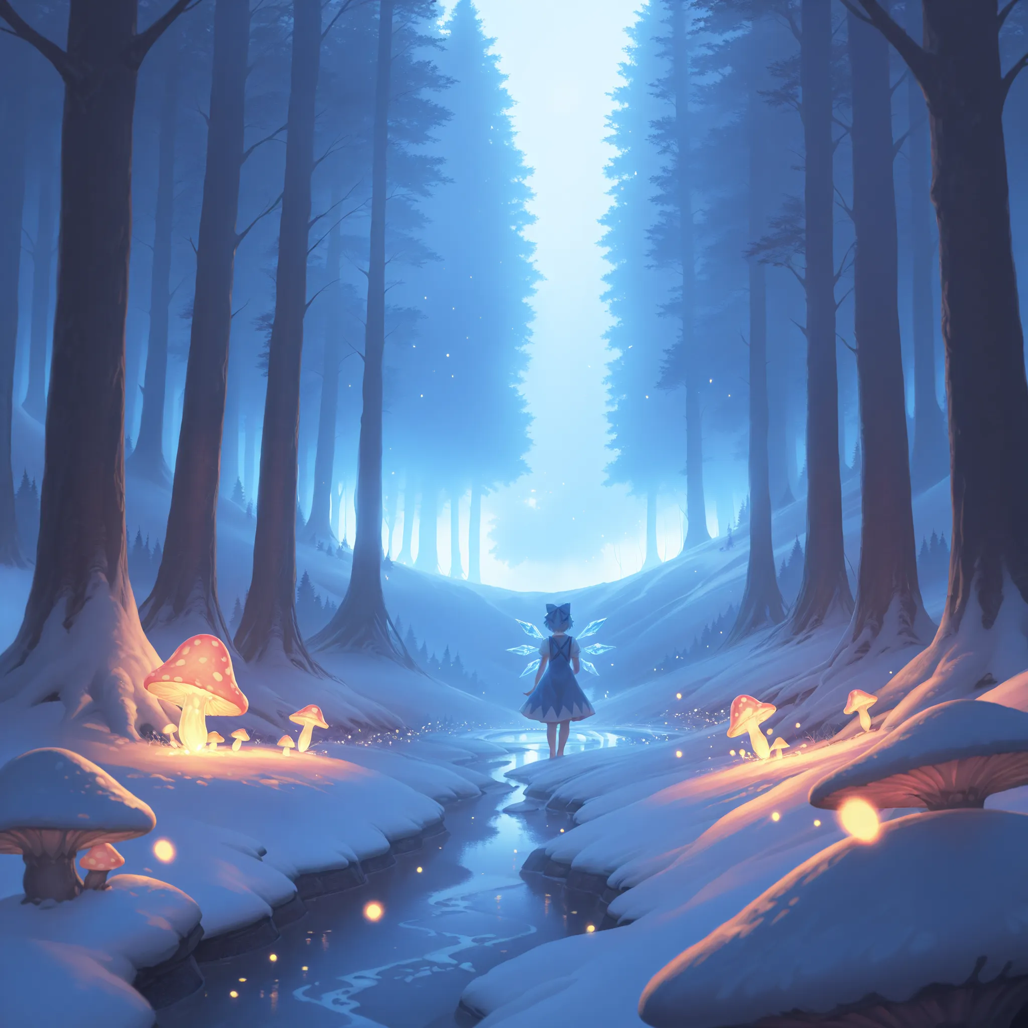 Cirno, Touhou Project, high quality, intricate details, 8K, hyperrealistic, masterpiece, extremely detailed, soft lighting, foggy atmosphere, fantasy landscape, dense forest, flowing river, snow-capped mountains, magical crystals, whimsical mushrooms, glow...