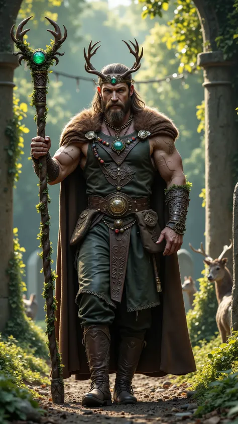 Tom Hardy reimagined as a majestic Celtic god Cernunnos, walking and holding an ancient twisted wooden staff entwined with ivy and crowned by a glowing green gem, 1 male, full body, rugged face with a strong jawline, piercing forest-green eyes, shoulder-le...