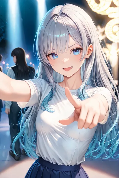 ((Masterpiece)), (higres), 4k, ultra detail, 1 girl, 20 yo, pointing to viewers, from front, half body shoot, silver wave hair, long hair, blue eyes, small breast, detail lights and shadow, night park background, mocking face, wearing white t-shirt, blue s...