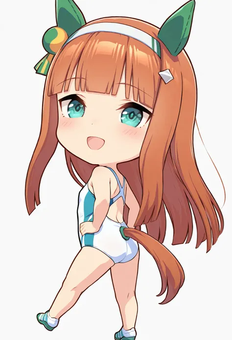 (((chibi))), (masterpiece, best quality, perfect face:1.4), wide angle, silence suzuka \(umamusume\), running figure, horse ears, ear cover, white headband, small breasts, horse tail, tail on the lower back, proportional body, proportional, (1 girl), beaut...